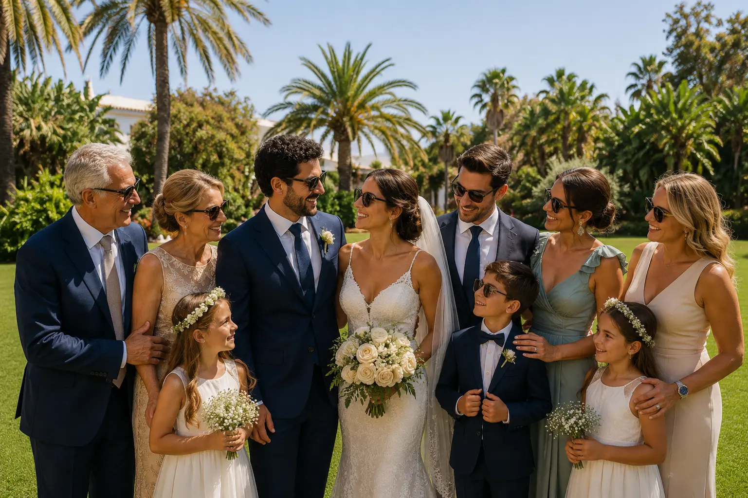 Hochzeitsgesellschaft und Familie posieren in einem Palmengarten an der Costa del Sol