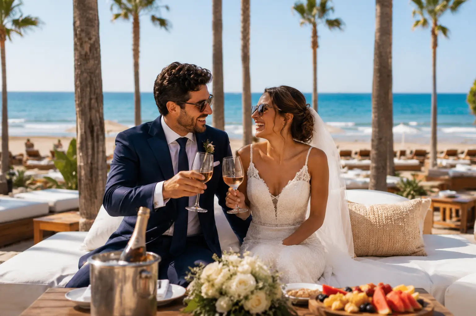 Brautpaar stößt mit Wein in einem Beach Club an der Costa del Sol an